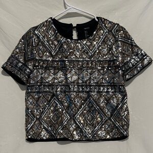 Forever 21 Black and Silver Geometric Sequin Crop Top